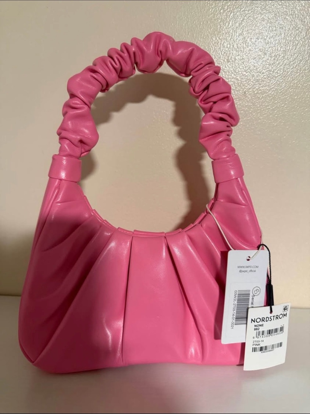 JW PEI Pink Ruched Handle Pleated Shoulder Bag
